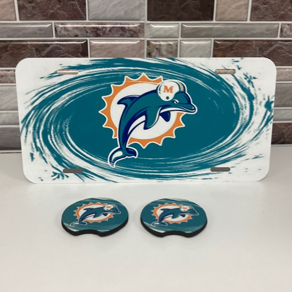 Miami Dolphins License Plate With Cup Holder Inserts